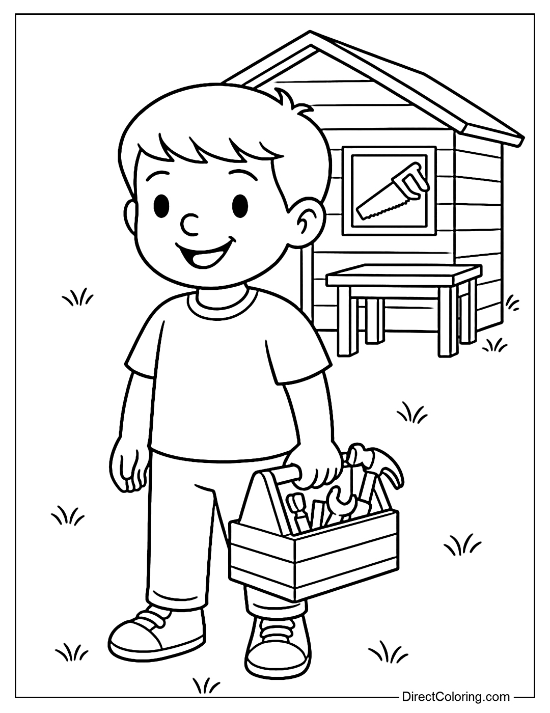 Coloring page of a boy holding a carpentry toolbox, smiling happily next to a small woodworking shop.